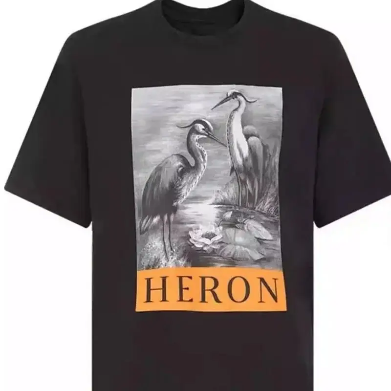 Heron T-Shirt with Elegant Crane Design - Black