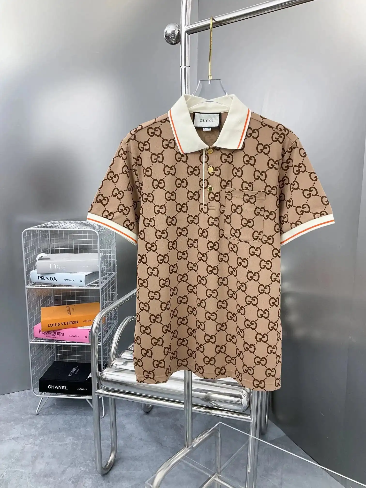 Gucci GG Pattern Polo Shirt for Men - Brown with White Collar