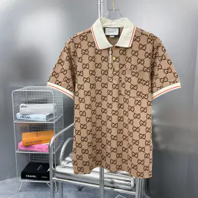 Gucci GG Pattern Polo Shirt for Men - Brown with White Collar