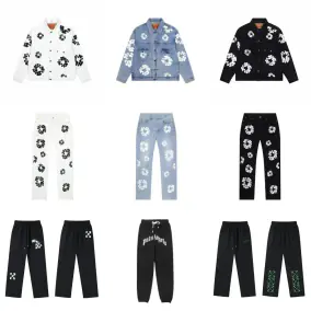 Off-White Flower Print Denim Jacket and Jeans Set [White/Blue/Black Options]