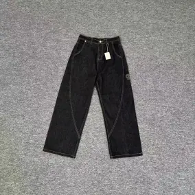Mertra [Model Name Not Visibly Identifiable] Wide Leg Denim Pants with Embroidered Logo [3 styles]