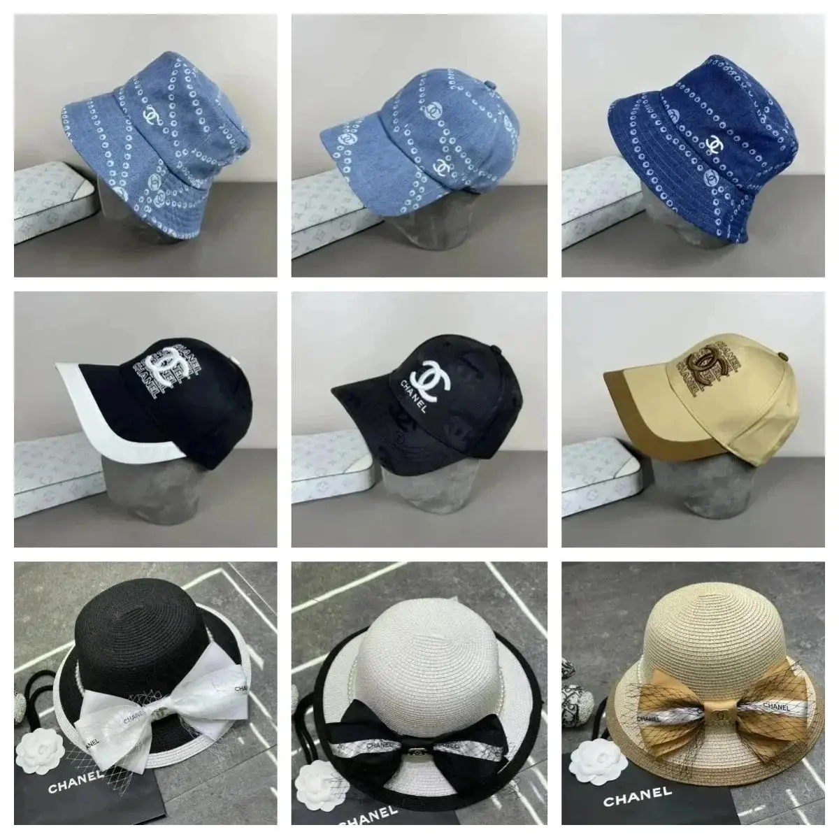 Chanel Bandana Print & Straw Bow Hats