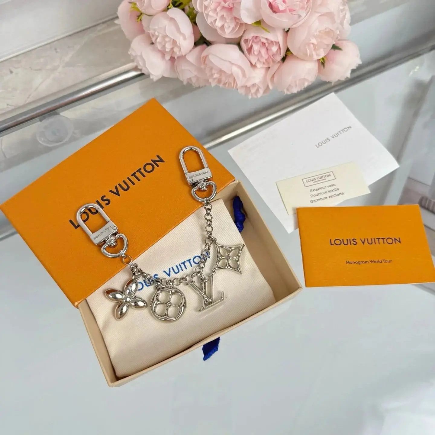 Louis Vuitton World Tour Metal Chain Keychain with Flower and Letter Charms
