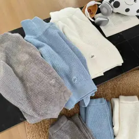 ALO Waffle Knit Sweater & Loose Straight Pants Set - Temperament Fashion Suit