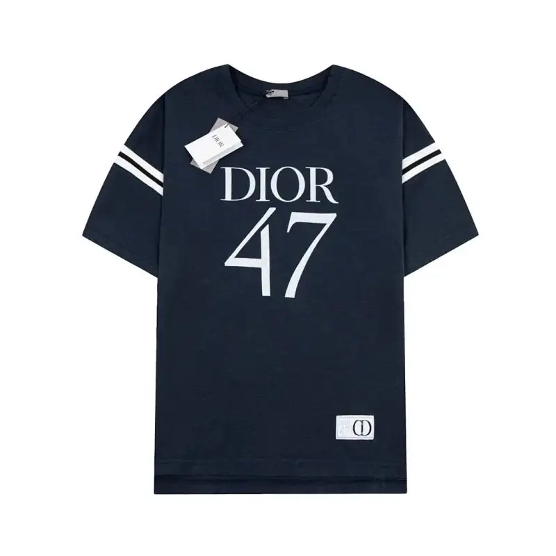 Dior Men's Navy Blue 47 T-Shirt with White Stripes