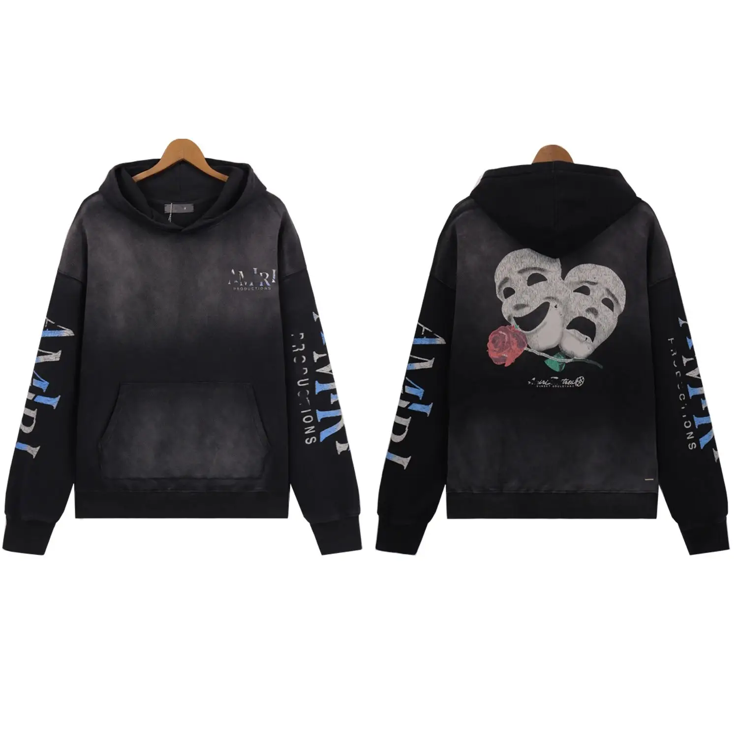 AMIRI Productions Washed Hoodie with Abstract Theater Mask & Rose Print