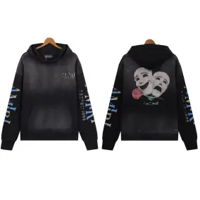 AMIRI Productions Washed Hoodie with Abstract Theater Mask & Rose Print