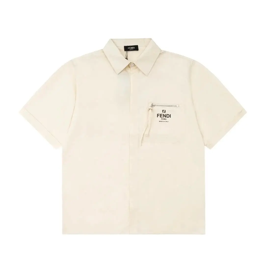 Fendi Men's Cream Short Sleeve Shirt with Zip Pocket