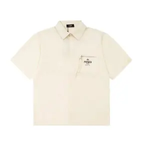 Fendi Men's Cream Short Sleeve Shirt with Zip Pocket