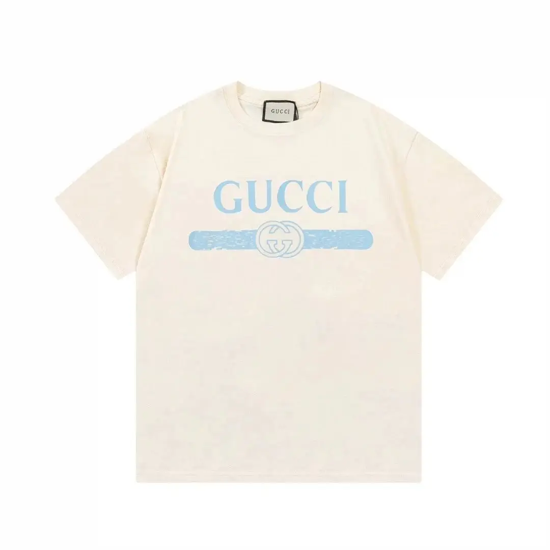 Gucci Men's Short Sleeve T-Shirt - Cream with Blue Graphic