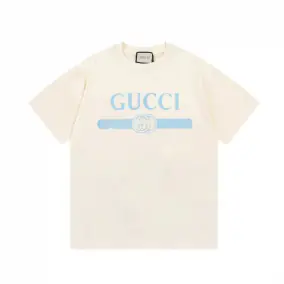 Gucci Men's Short Sleeve T-Shirt - Cream with Blue Graphic