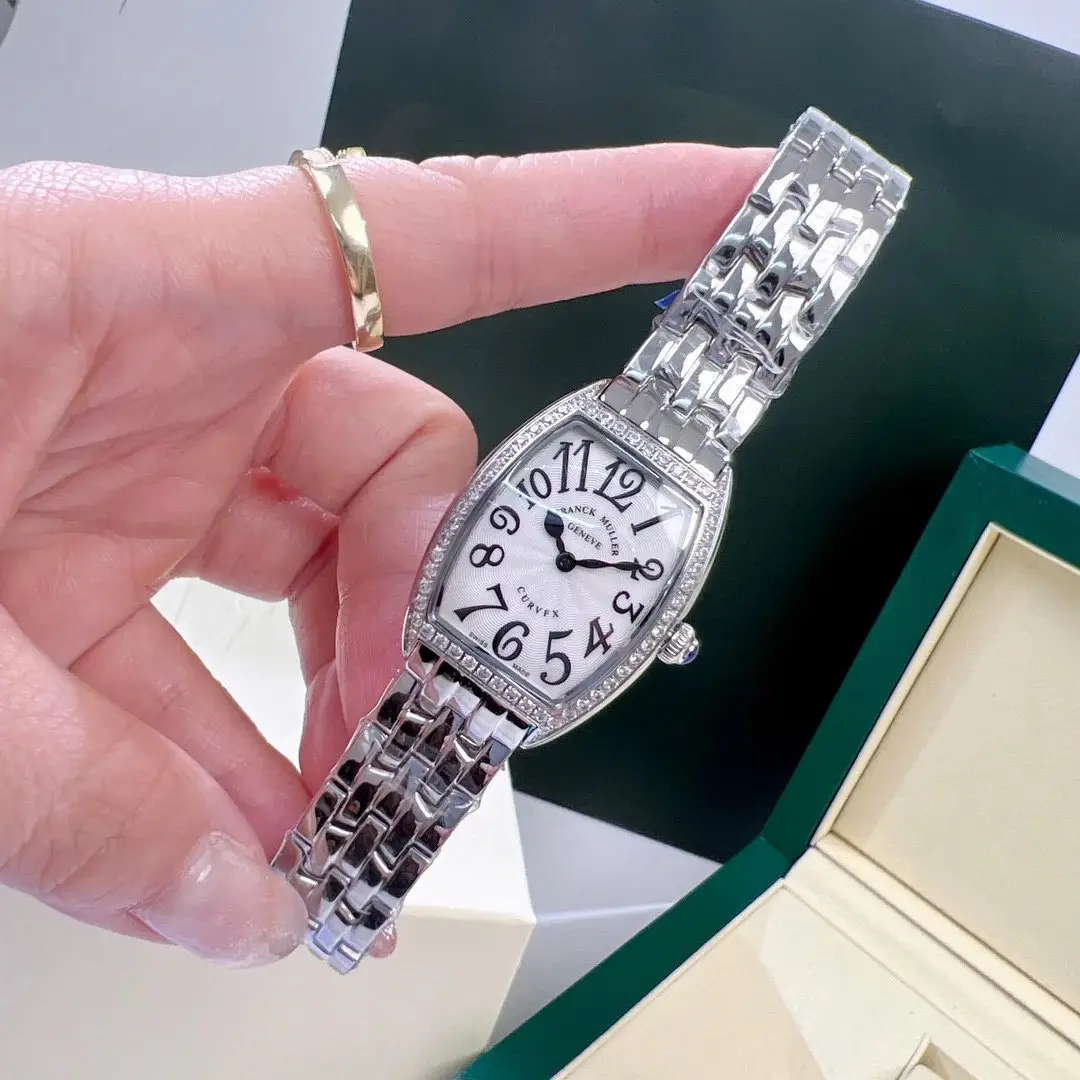 Barrel-shaped stainless steel watch with diamond setting front view