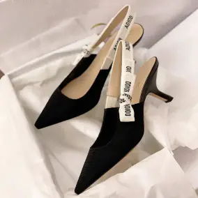 D Spring New Pointed Toe Shallow Mouth Kitten Heel Letter Sandals Embroidered Bow Elegant Lady High Heels Women's Sandals