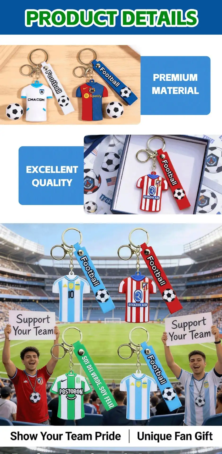 Football jersey style keychain pendant angle view